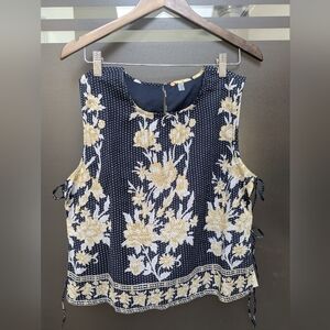 Floral Sleeveless Top - Navy and Creamy Off Yellow